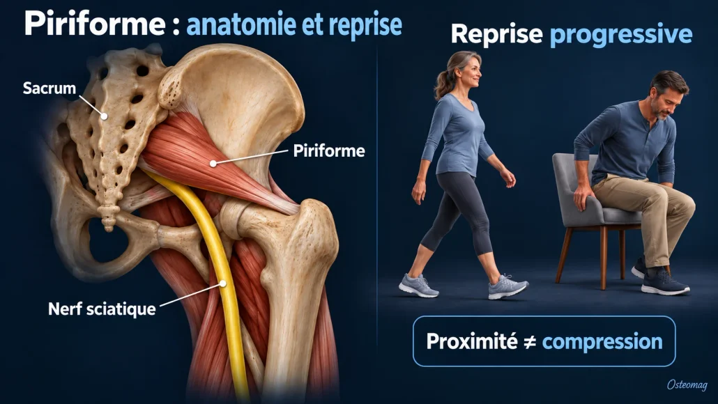 Schéma anatomique du piriforme, du sacrum et du nerf sciatique, avec exemples de reprise progressive