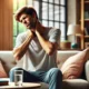 DALL·E 2025-01-06 03.35.44 – A person experiencing neck pain, sitting in a comfortable living room. The individual is lightly touching their neck with one hand and showing a mild