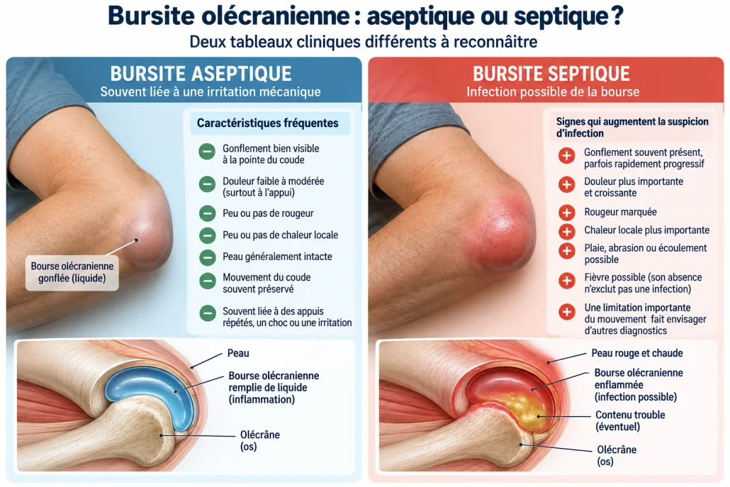 Illustration comparative d’une bourse olécranienne gonflée et de signes pouvant évoquer une infection.