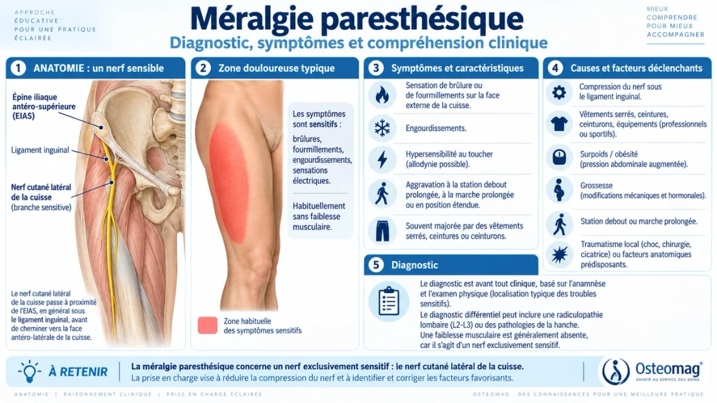 Infographie sur le nerf cutané fémoral latéral, le territoire sensitif de la cuisse et les principaux symptômes de méralgie paresthésique
