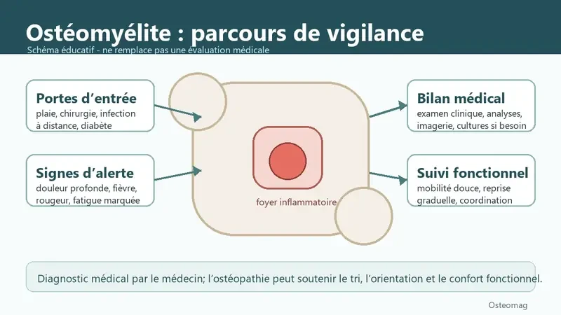 Schéma éducatif Osteomag sur l’ostéomyélite montrant les portes d’entrée, les signes d’alerte, le bilan médical et le suivi fonctionnel.