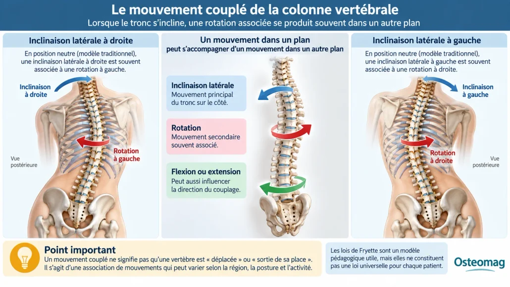 Schéma montrant le mouvement couplé de la colonne avec inclinaison latérale et rotation associée.