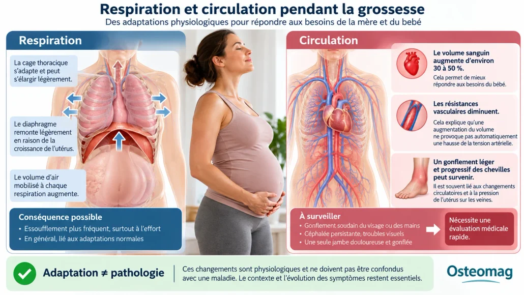 Illustration des adaptations respiratoires et circulatoires normales pendant la grossesse.