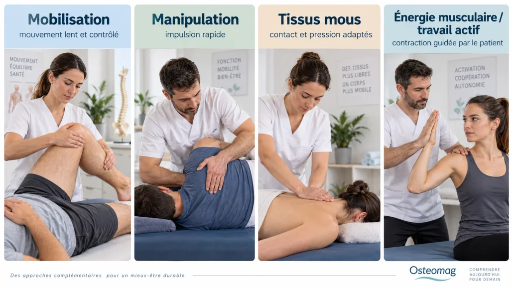 Illustration de quatre grandes familles de techniques ostéopathiques : mobilisation, manipulation, tissus mous et énergie musculaire.