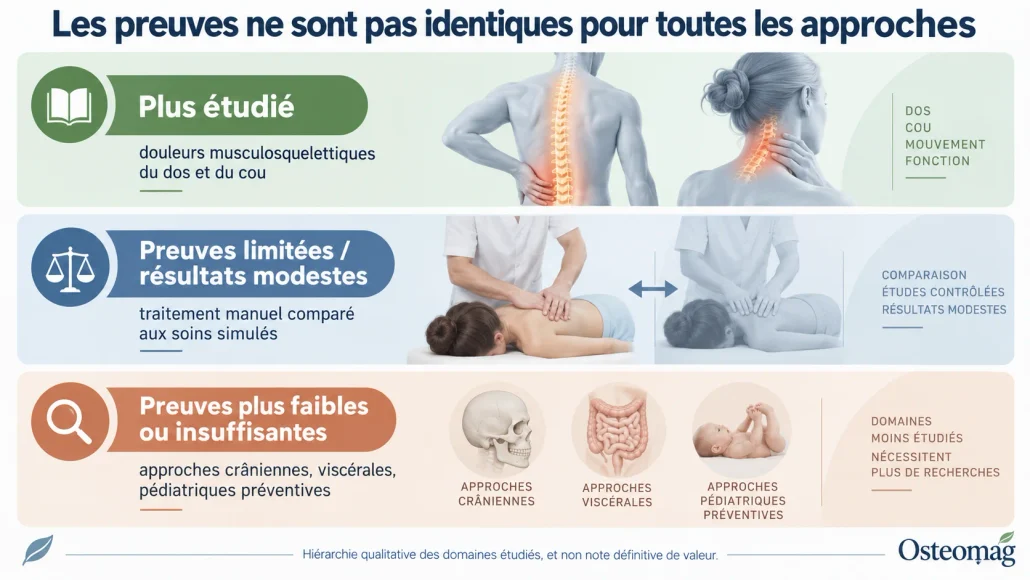 Graphique conceptuel comparant le niveau relatif de preuves pour différentes applications de l’ostéopathie.