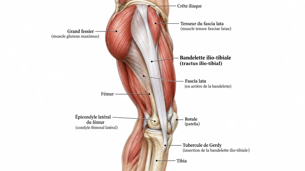 Illustration de la bandelette ilio-tibiale sur la face latérale de la cuisse, avec ses rapports musculaires et osseux.
