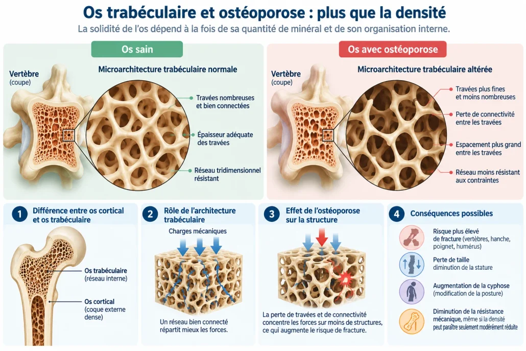 Comparaison schématique d’un réseau trabéculaire préservé et d’un réseau plus fin et moins connecté dans l’ostéoporose.