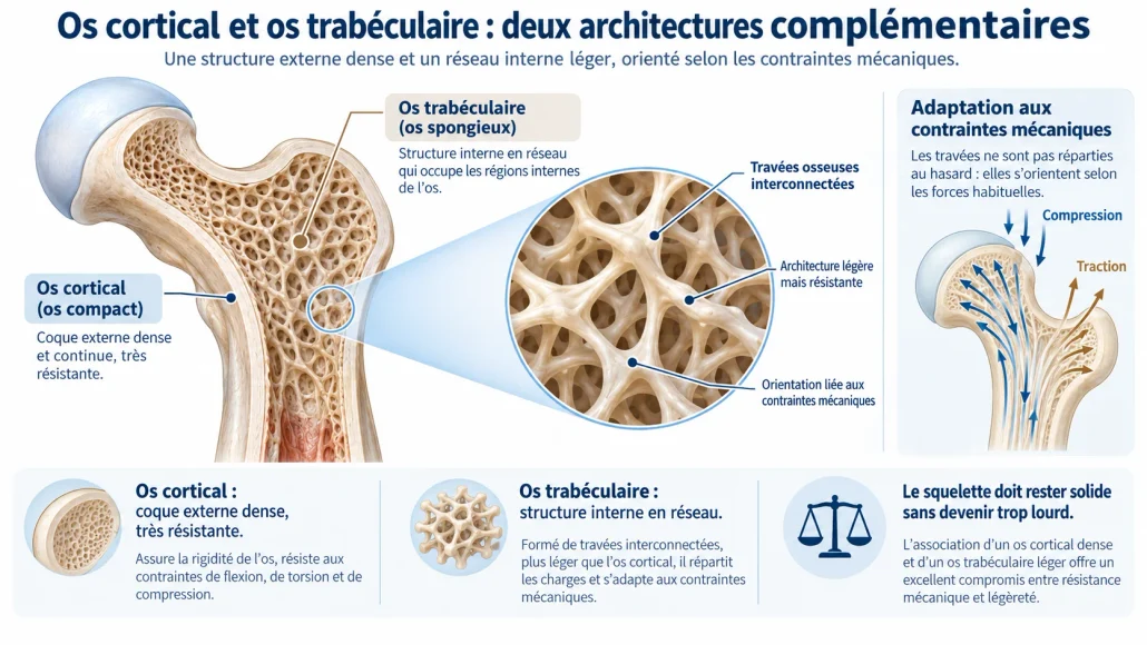 Os cortical externe et réseau trabéculaire interne : schéma de leurs architectures complémentaires.