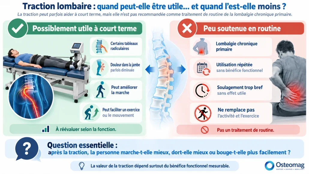 Illustration des bénéfices possibles à court terme et des limites de la traction lombaire.