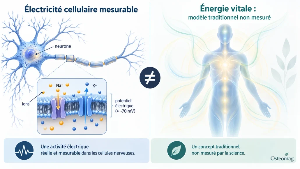 Comparaison entre potentiel électrique mesurable des cellules nerveuses et concept non démontré d’énergie vitale.