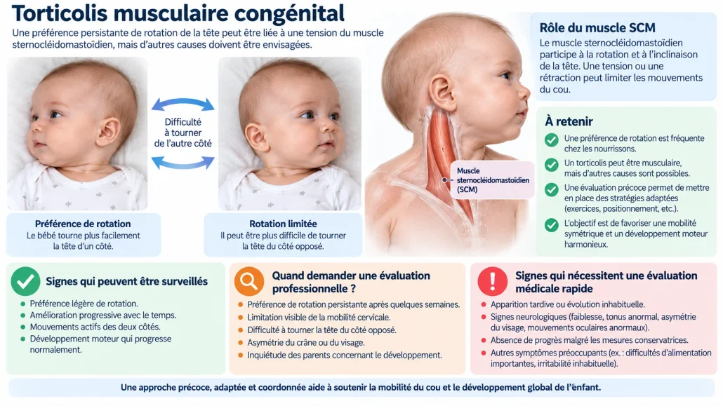 Une préférence persistante de rotation peut accompagner un torticolis musculaire congénital, mais d’autres causes doivent être envisagées lorsque la présentation est atypique.