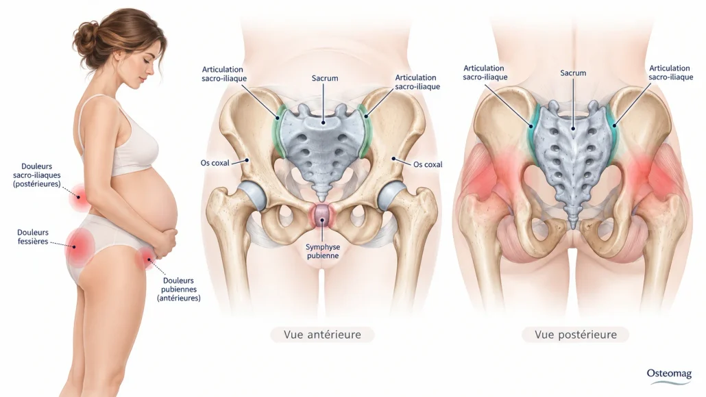 Vues antérieure et postérieure de la ceinture pelvienne avec sacrum, articulations sacro-iliaques et symphyse pubienne.