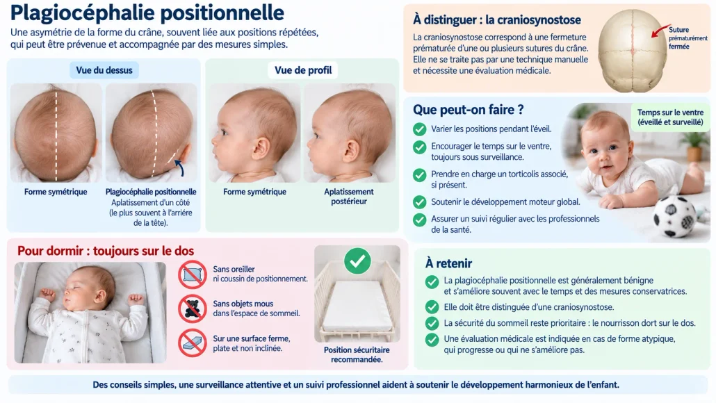 Le temps sur le ventre se pratique éveillé et surveillé; pour dormir, le nourrisson reste placé sur le dos sur une surface ferme, plate et dégagée.