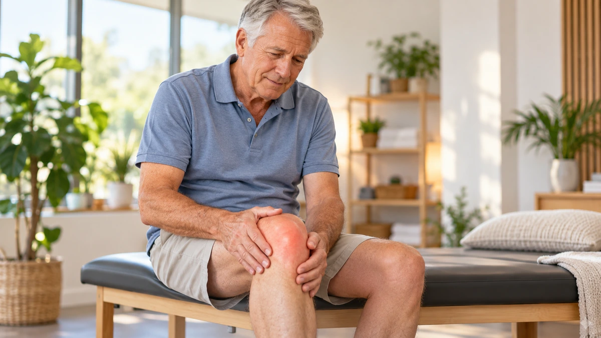 Older man seated in a consultation room with his hands on a painful knee