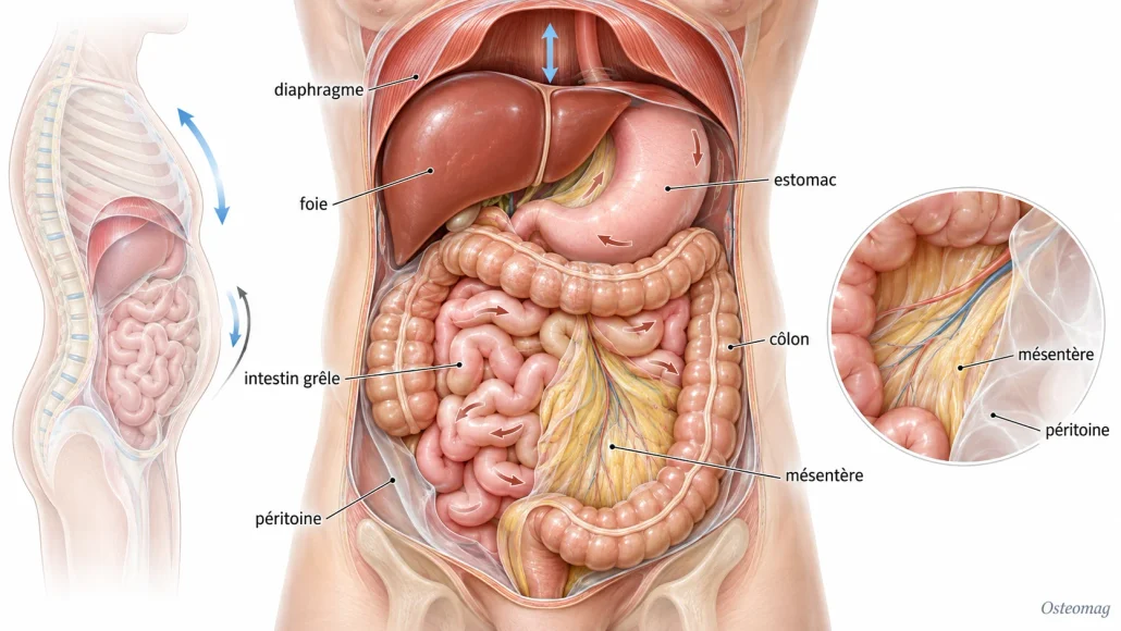 Anatomie abdominale simplifiée montrant diaphragme, foie, estomac, intestins, péritoine et mésentère.
