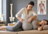 A pregnant woman resting on her side during a comfort-focused consultation.