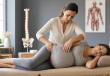 Osteopathy and Pregnancy: Comfort, Evidence and Support A pregnant woman resting on her side during a comfort-focused consultation.