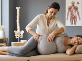 Osteopathy and Pregnancy: Comfort, Evidence and Support A pregnant woman resting on her side during a comfort-focused consultation.