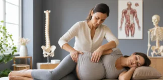 A pregnant woman resting on her side during a comfort-focused consultation.