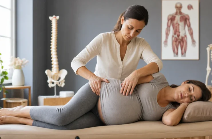 A pregnant woman resting on her side during a comfort-focused consultation.