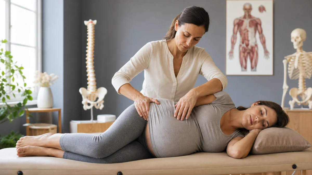 Osteopathy During Pregnancy: Supporting Comfort, Mobility, and Maternal Well-Being A pregnant woman resting on her side during a comfort-focused consultation.