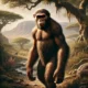 DALL·E 2024-11-12 05.10.02 – A detailed digital illustration of an early hominin, set in a prehistoric environment. The hominin stands in a natural landscape with trees, rocks, an