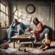 DALL·E 2025-01-08 15.47.35 – A realistic and evocative illustration representing the fragile middle class. The scene shows a family in a modest living room with visible signs of f