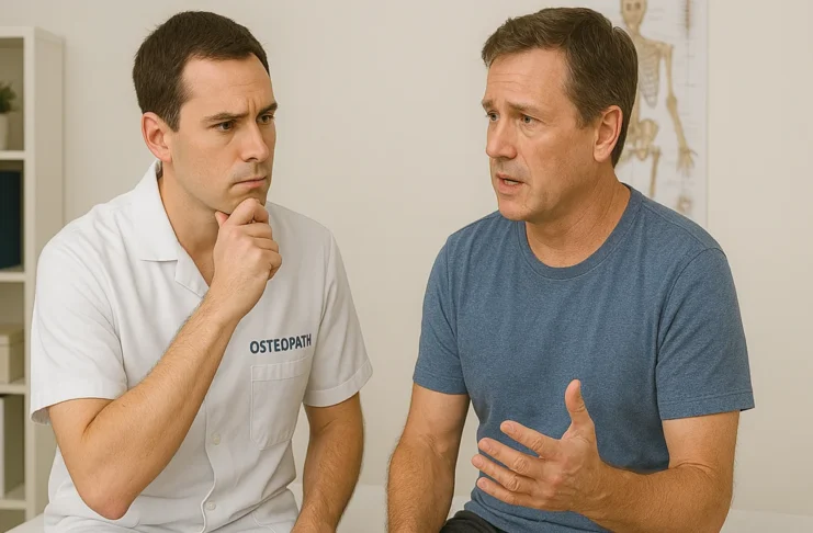 Illustrative consultation in which a man discusses his symptoms with a practitioner.