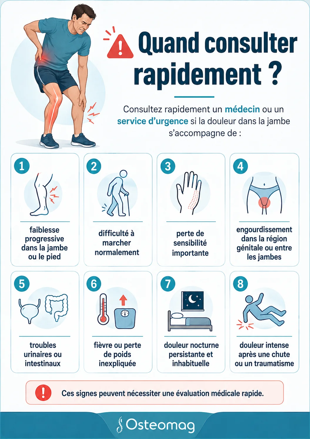Signes d’alerte associés à une douleur de jambe : faiblesse, troubles sensitifs, urinaires ou intestinaux.