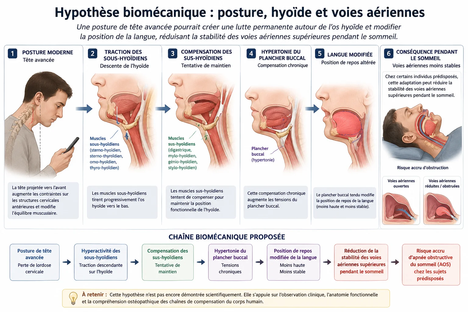 Illustration anatomique éducative montrant les rapports entre région cervicale, os hyoïde, langue et voies aériennes supérieures pendant le sommeil.