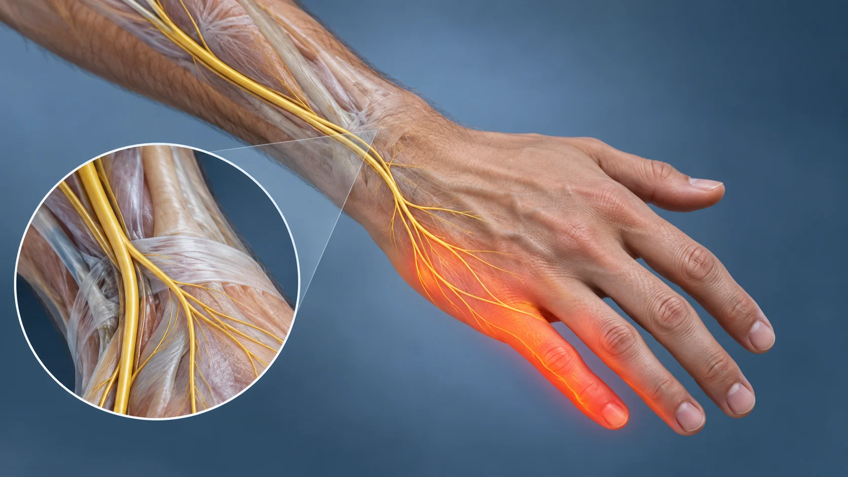 Illustrative view of sensory discomfort on the ulnar back of a hand; not a diagnostic sensory map.