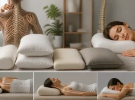 Choosing a Pillow: Height, Comfort and Neck Pain A person sleeping on her side with a range of pillow shapes and conceptual illustrations of neck support.