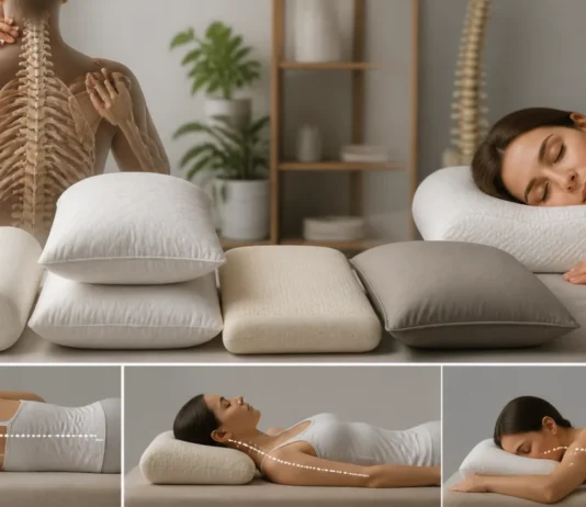 A person sleeping on her side with a range of pillow shapes and conceptual illustrations of neck support.