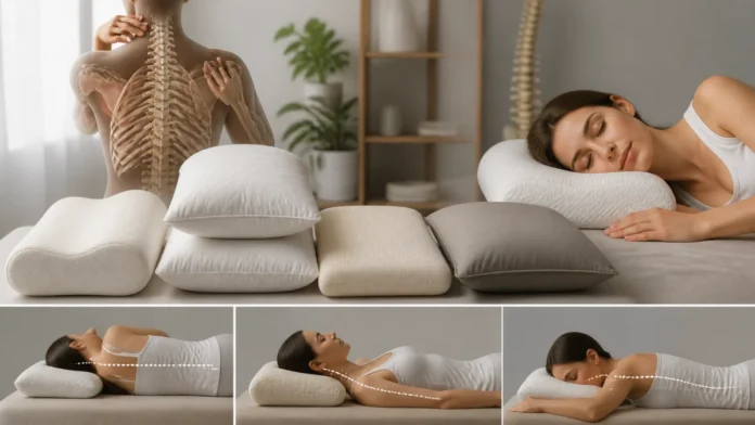A person sleeping on her side with a range of pillow shapes and conceptual illustrations of neck support.