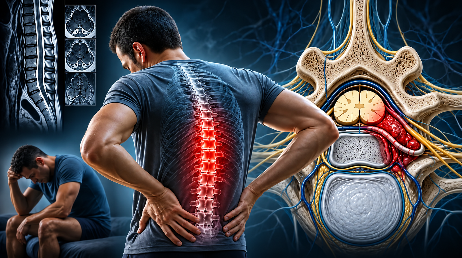 Cover illustration accompanying an article on spinal epidural hematoma and neurological warning signs.