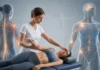Illustration d’une séance de contact manuel avec une patiente, évoquant l’exploration corporelle.