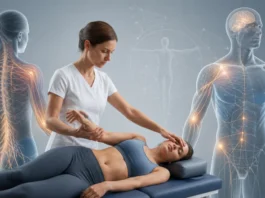 Illustration d’une séance de contact manuel avec une patiente, évoquant l’exploration corporelle.