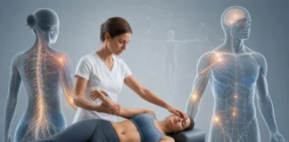 A consultation beside conceptual illustrations of sensory information and the nervous system.