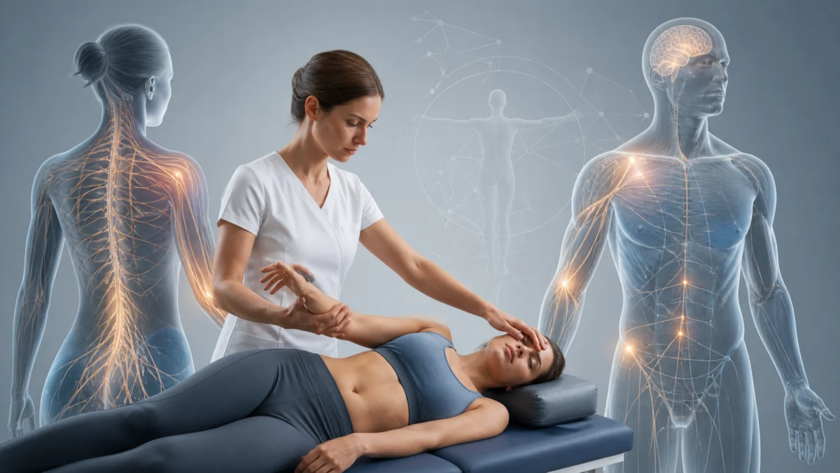 Cross-Activation Trigger Point Technique: A Psychocorporeal Approach Based on Perception, Laterality, and Sensory Integration Illustration d’une séance de contact manuel avec une patiente, évoquant l’exploration corporelle.