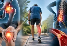 Pain When Walking but Not at Rest: Joint, Nerve or Circulation? Walking-related pain illustrated alongside joint, lumbar nerve and circulation-related possibilities.