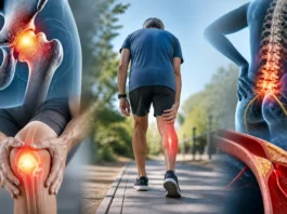Walking-related pain illustrated alongside joint, lumbar nerve and circulation-related possibilities.