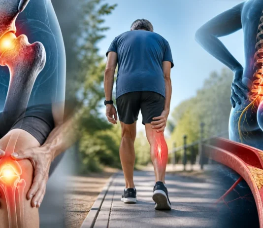 Walking-related pain illustrated alongside joint, lumbar nerve and circulation-related possibilities.