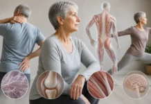 Does the body really become stiffer with age? Conceptual montage of older adults and movement with illustrative tissue details.