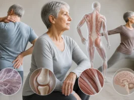 Does the body really become stiffer with age? Conceptual montage of older adults and movement with illustrative tissue details.