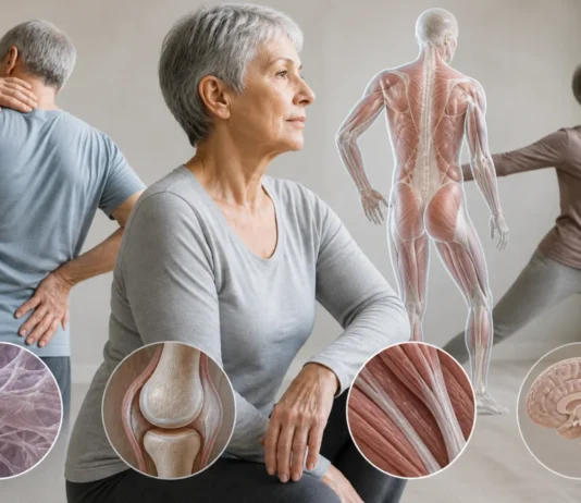 Conceptual montage of older adults and movement with illustrative tissue details.