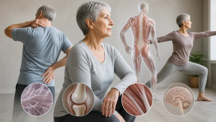 Le corps devient-il réellement plus raide avec l’âge ? Conceptual montage of older adults and movement with illustrative tissue details.