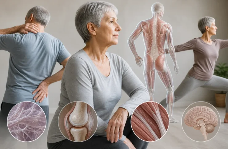 Conceptual montage of older adults and movement with illustrative tissue details.