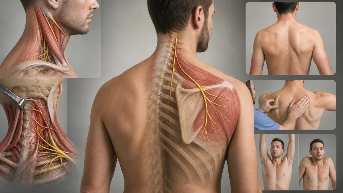 Lésion du nerf spinal accessoire : épaule tombante, trapèze faible et scapula instable Lésion du nerf spinal accessoire : épaule tombante, trapèze faible et scapula instable