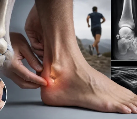 Ankle discomfort beside conceptual illustrations of a small bone fragment, radiographs and ultrasound.