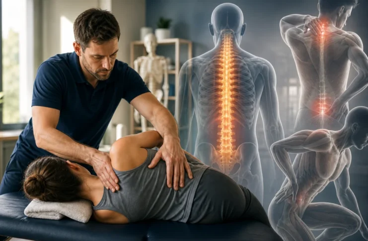 Illustrative montage of manual care, movement and pain; not diagnostic imaging.
